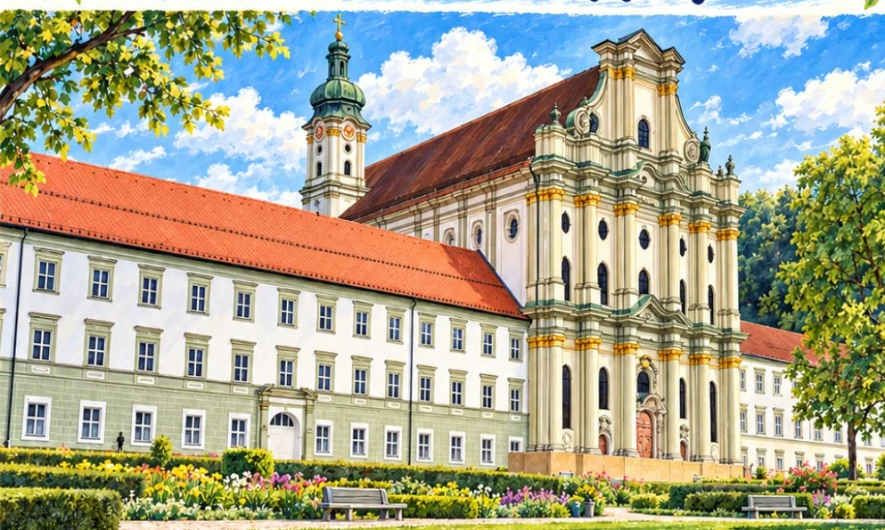 Illustration des Klosters Fürstenfeld mit einem Kirchturm